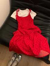 时尚套装红色波点吊带长裙女夏港味复古垂感系带收腰连衣裙度假裙