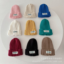 韩国ins 儿童洋气卷边布标直条针织帽男女童简约百搭保暖套头冷帽