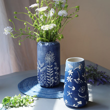青花瓷花瓶陶瓷复古花瓶蔚蓝之境插花装饰摆件手绘浮雕花瓶花器