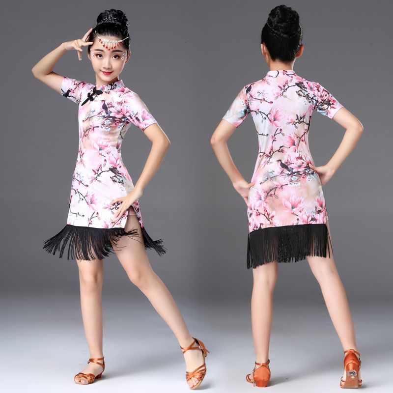 新款少儿古典旗袍拉丁舞蹈服中国舞国风女童碎花比赛表演演出服装