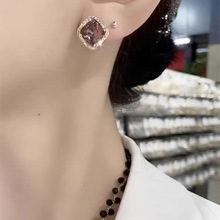 时尚复古方形水晶耳环精致小众设计耳饰轻奢气质耳坠个性夸张耳扣