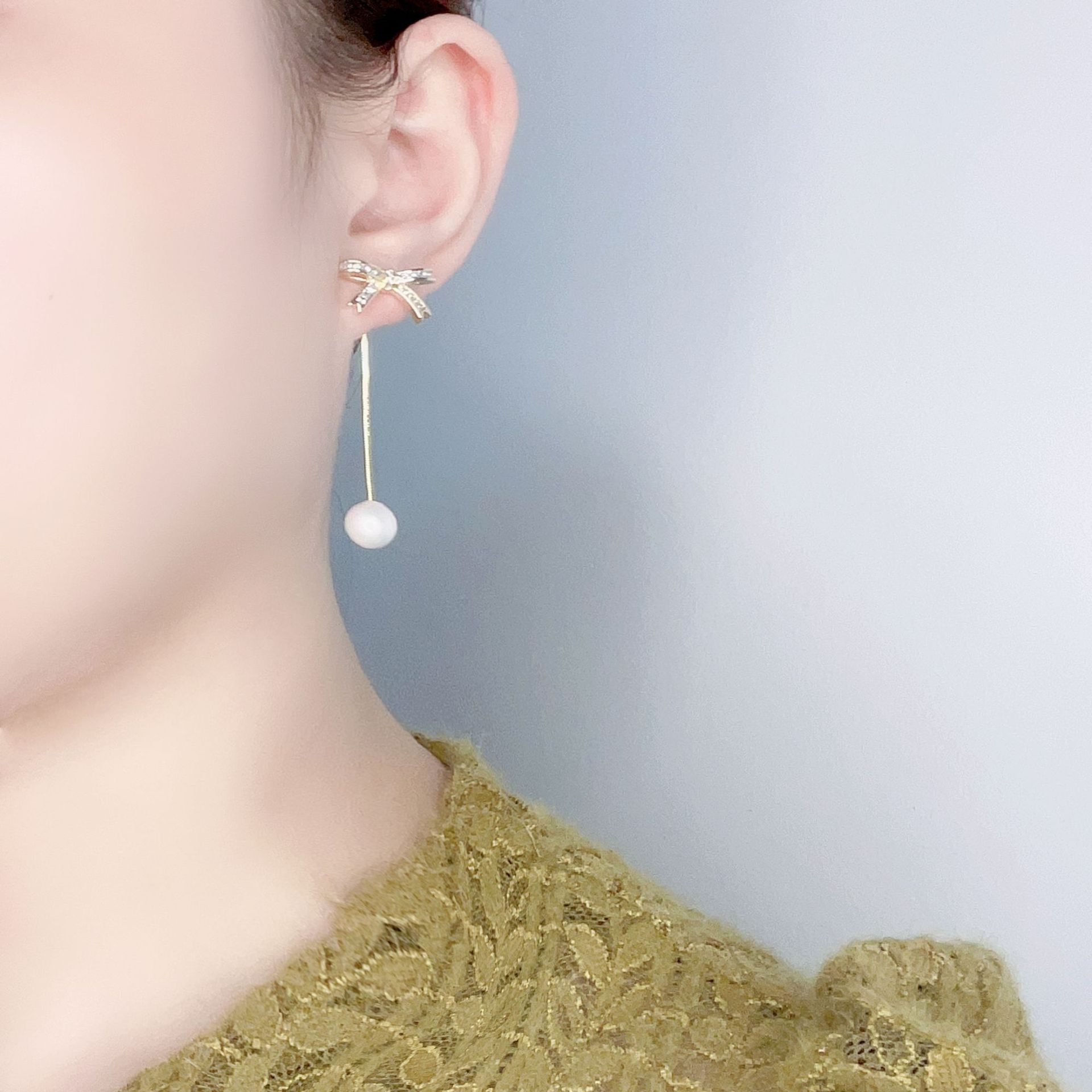 Korean Sweet Cute Bowknot Crystal Diamond Tassel Dual-Wear Versatile Earrings Earrings Women's Elegant Light Luxury Earrings