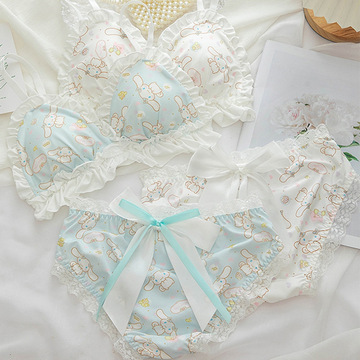 日系大耳玉桂狗文胸套装少女可爱学生洛丽塔无钢圈内衣胸罩夏季薄