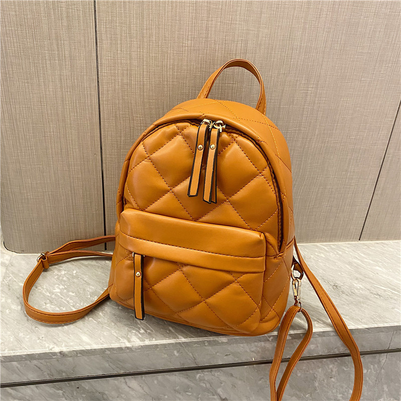 Korean Style Simple Small Backpack 2023 New All-Match Rhombus Backpack Embroidery Thread Solid Color Pu Soft Leather Casual Travel Bag