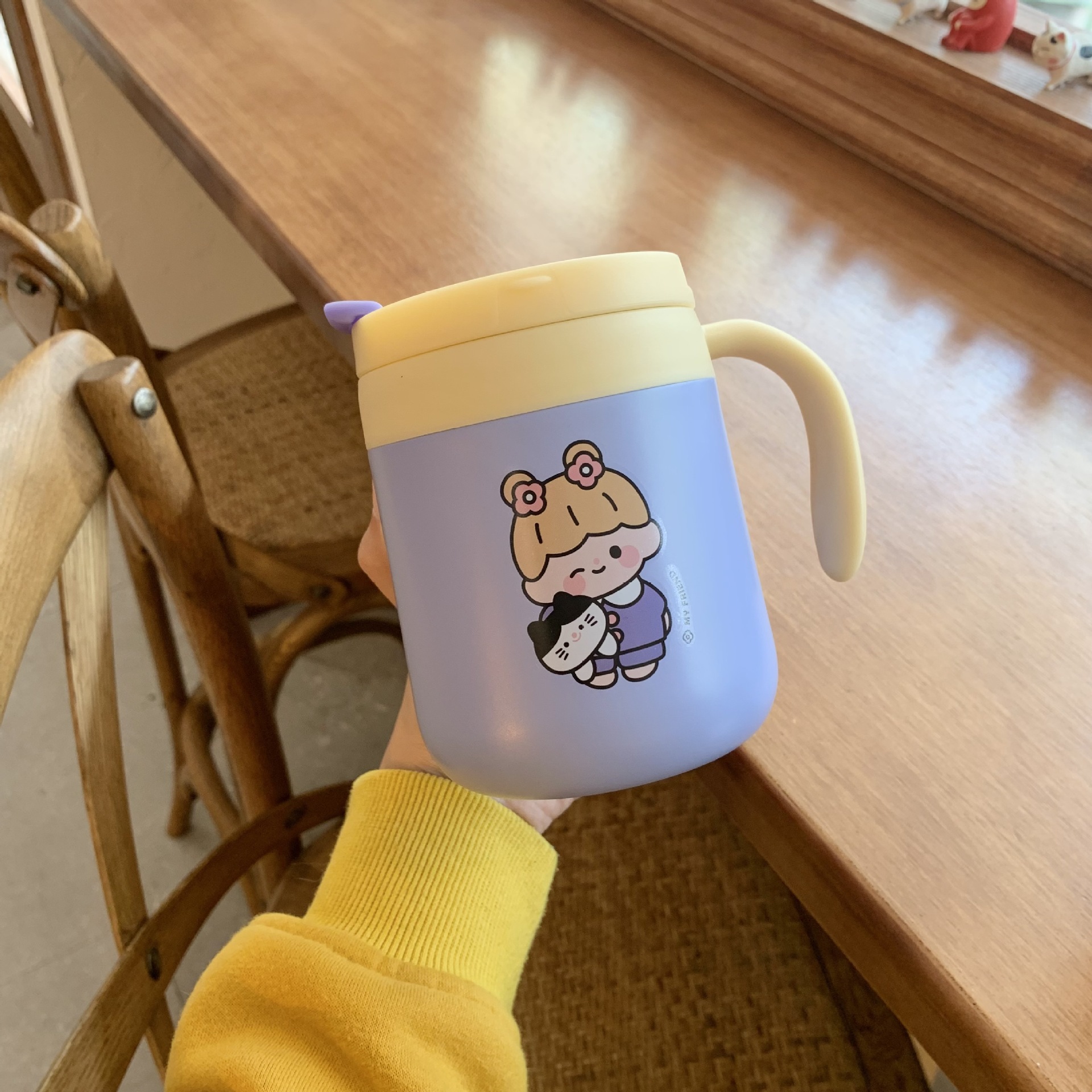 Korean Cute Cartoon Thermal Mug Household Office Coffee Cup with Handle 304 Stainless Steel Water Cup Student Leak-Proof