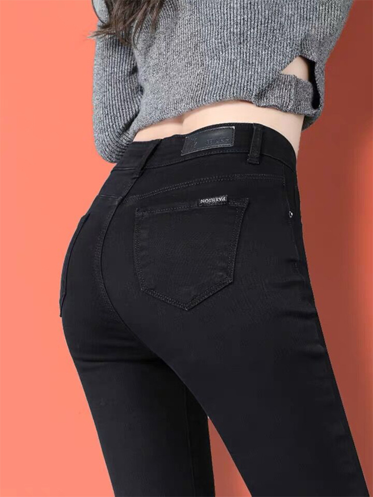 官方旗舰店szky黑色牛仔裤女小脚2021秋冬新款高腰加绒铅笔裤子