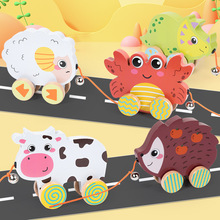 跨境儿童木制铃铛拖拉车宝宝学步拉线动物牵引拉绳车益智早教玩具