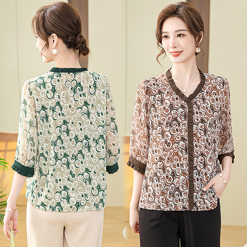 New Mom Summer Clothes Fashion Thin and Comfortable Chiffon Shirt Middle-Aged and Elderly Women's Summer Western Style Three-Quarter Sleeve Top