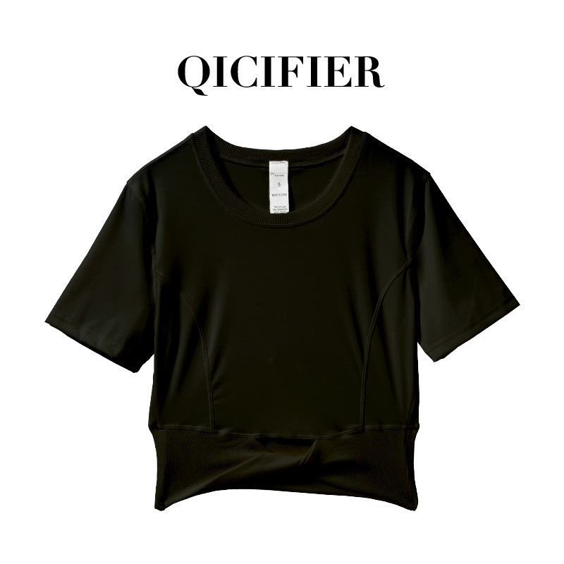 Qcfe New Sports Running Thread round Neck Short Sleeve Workout Top High Elastic Bare Midriff Slim Fit Thin Yoga Wear Women