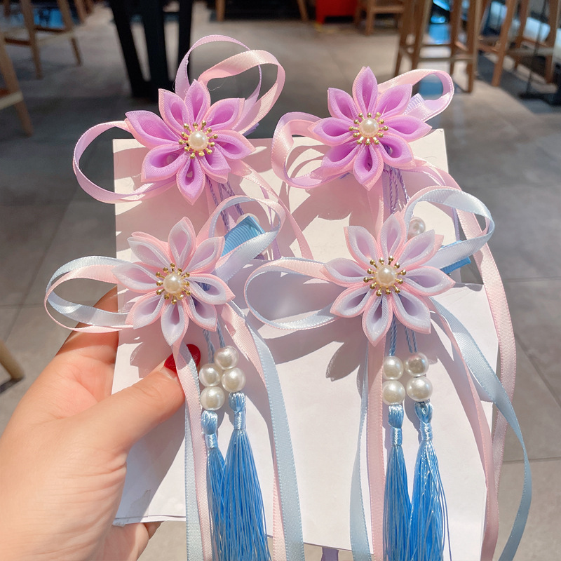 唐装汉服纱花长飘流苏发夹顶夹摆夜市饰品中国风表演女童头饰对夹