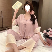 短袖长裤睡衣女夏款冰丝绸新中式中袖复古中国风感家居服套装