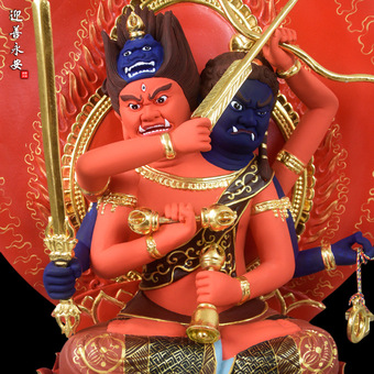 双头爱染明王佛像木雕彩绘香樟木摆件贴金密宗神像供奉迎善永安