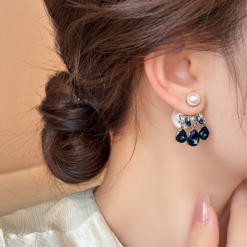 Silver Needle European and American Blue Water Drop Diamond Pearl Stud Earrings Niche Design Earrings Fashion All-Match Earrings Wholesale for Women