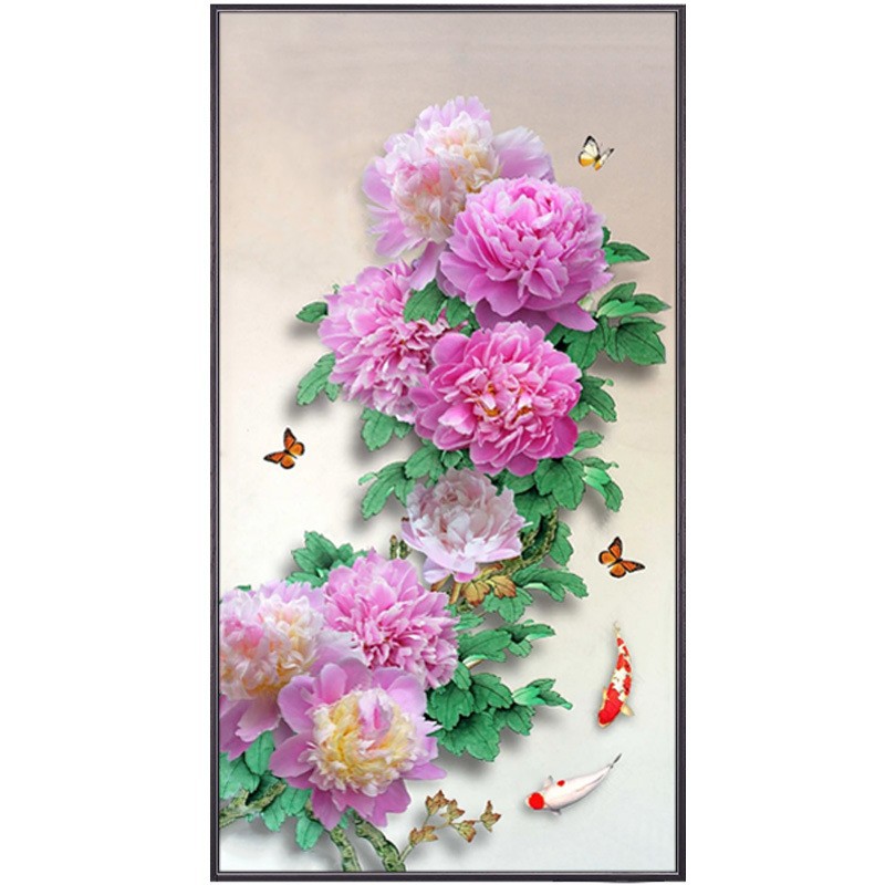 新中式牡丹钻石画玄关竖版贴钻十字绣中国风花开富贵书房客厅壁画