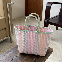 亚马逊跨境货源 新款菜篮子手工编织包  拼色编织包 沙滩包