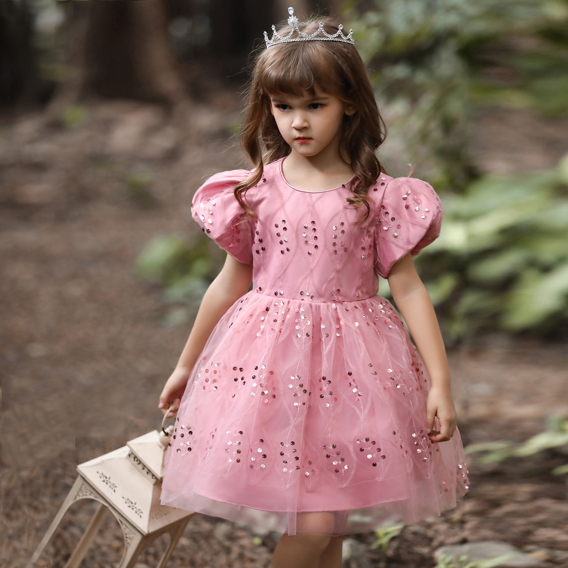 欧美女童晚礼服公主连衣裙花童主持人儿童短袖亮片走秀演出服批发