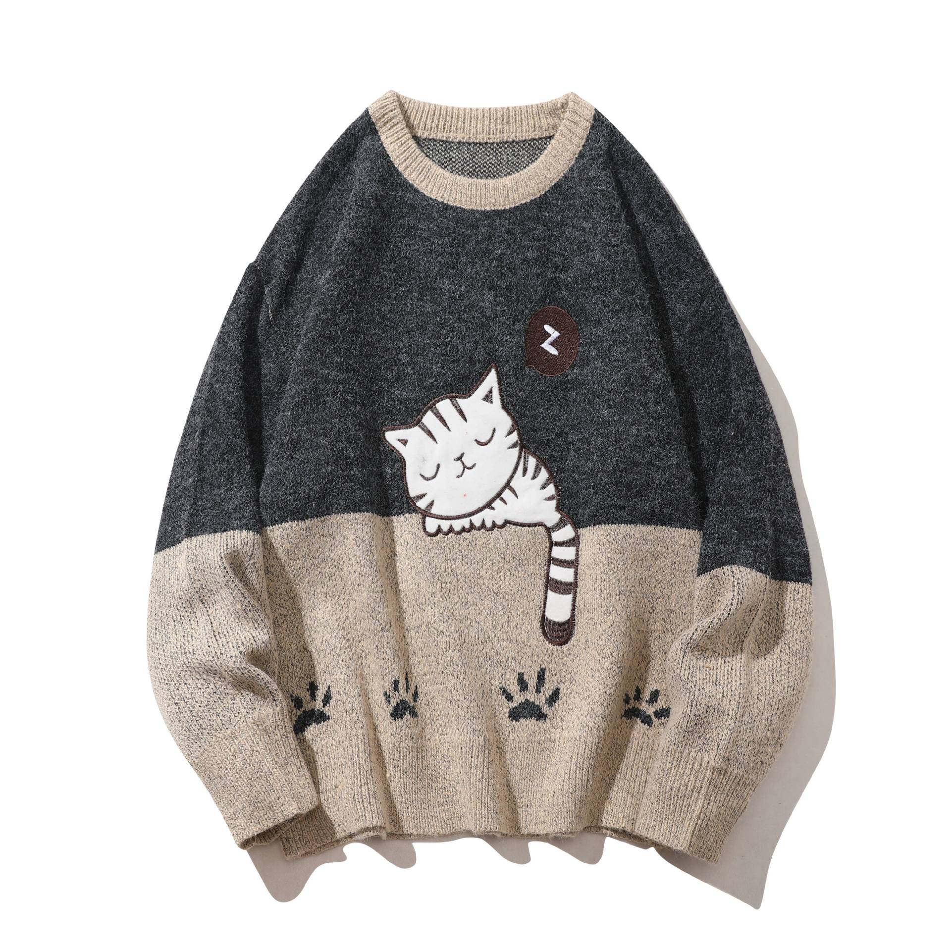 秋冬季潮牌国潮港风可爱猫咪刺绣毛衣 男日系慵懒风针织衫情侣装