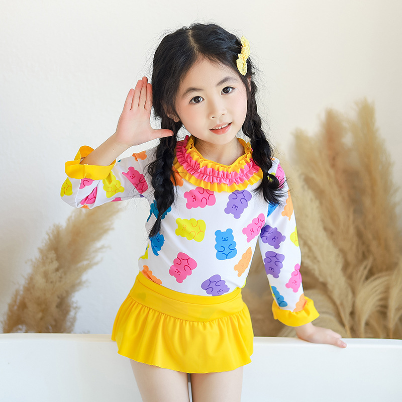 跨境新款儿童泳衣可爱女孩长袖分体三件套中小童泳装女宝宝游泳衣
