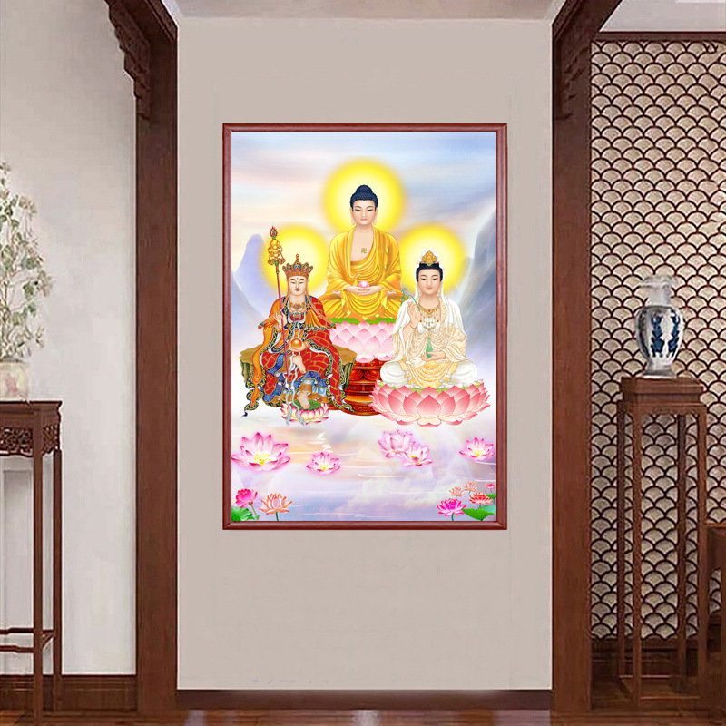 娑婆三圣画像挂画释迦牟尼佛地藏王观世音菩萨佛像佛堂供奉卷轴画