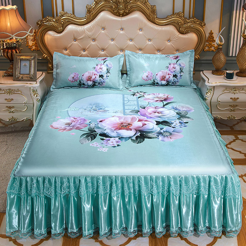 82n可机洗冰丝席三件套蕾丝边空调席夏季可折叠可水洗大版花软凉