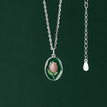 爱洛奇 s925银韩版滴胶郁金香项链简约个性小清新花卉颈饰女d9784