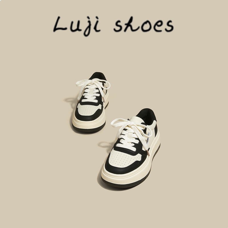 Luji Genuine Leather Panda Sneakers for Women 2023 Spring New Ins Internet Celebrity Student Casual All-Matching Platform White Shoes