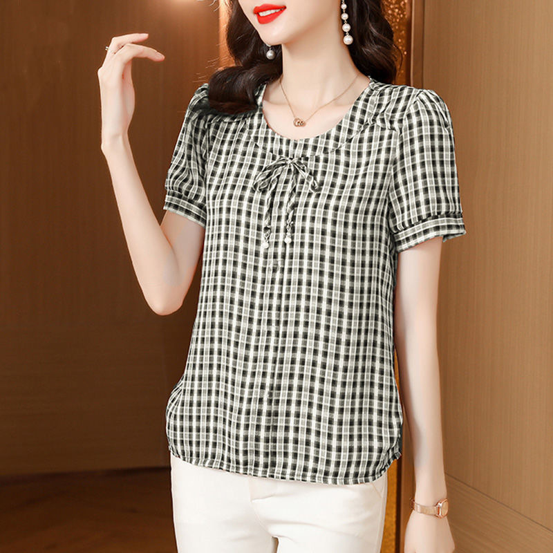 Spring and Summer Plaid Short-Sleeved T-shirt Women's Clothing 2023 New Beautiful Middle-Aged Mom Casual All-Matching Western Style Small Shirt Top