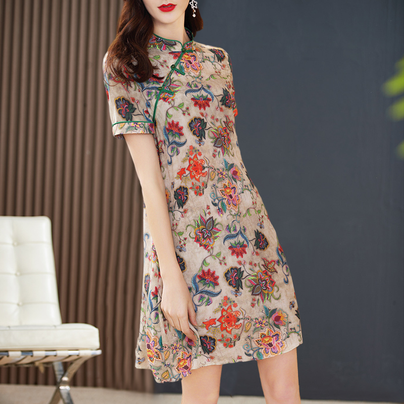 捡漏品牌专柜撤柜夏季减龄真丝桑蚕丝旗袍连衣裙女-阿里巴巴