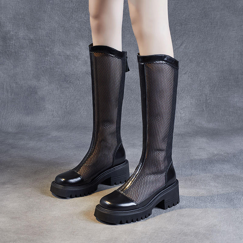 真皮网纱靴子女夏新款长靴夏季薄款网靴长筒靴瘦瘦空姐丝袜凉靴潮