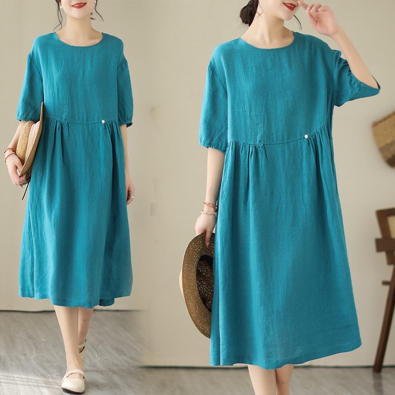 棉麻女装日系温柔风连衣裙夏天薄款宽松中长款2024新款棉麻连衣裙