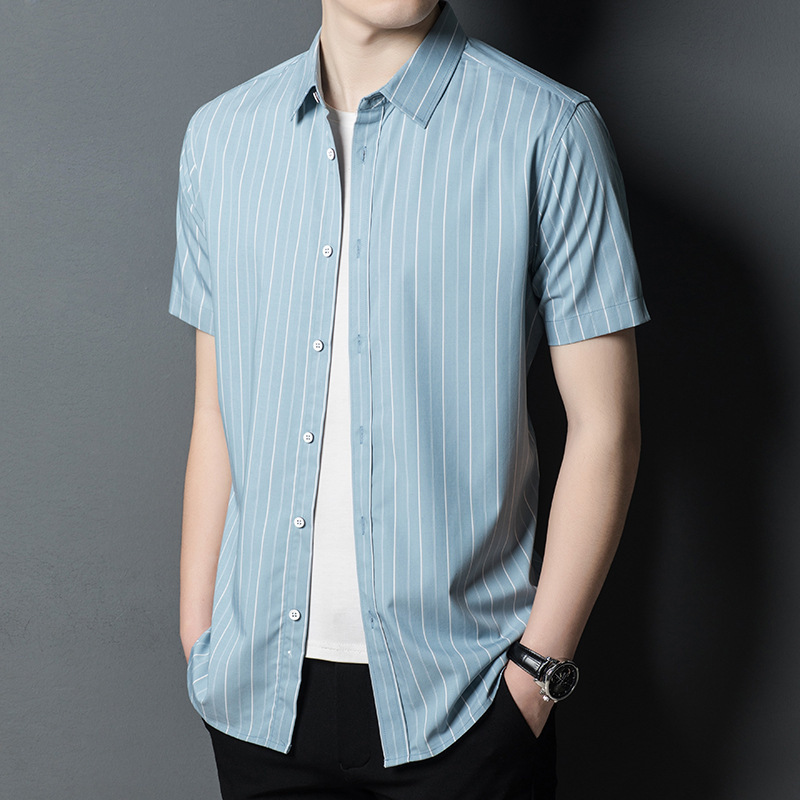 高端丝光棉短袖衬衫男士休闲竖纹开衫真丝衬衣夏季潮流冰丝男装