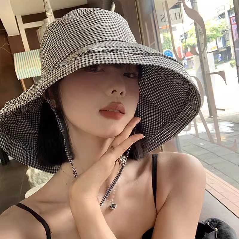 千鸟格渔夫帽女夏季韩版uv防紫外线遮阳防晒帽大帽檐遮脸太阳帽子