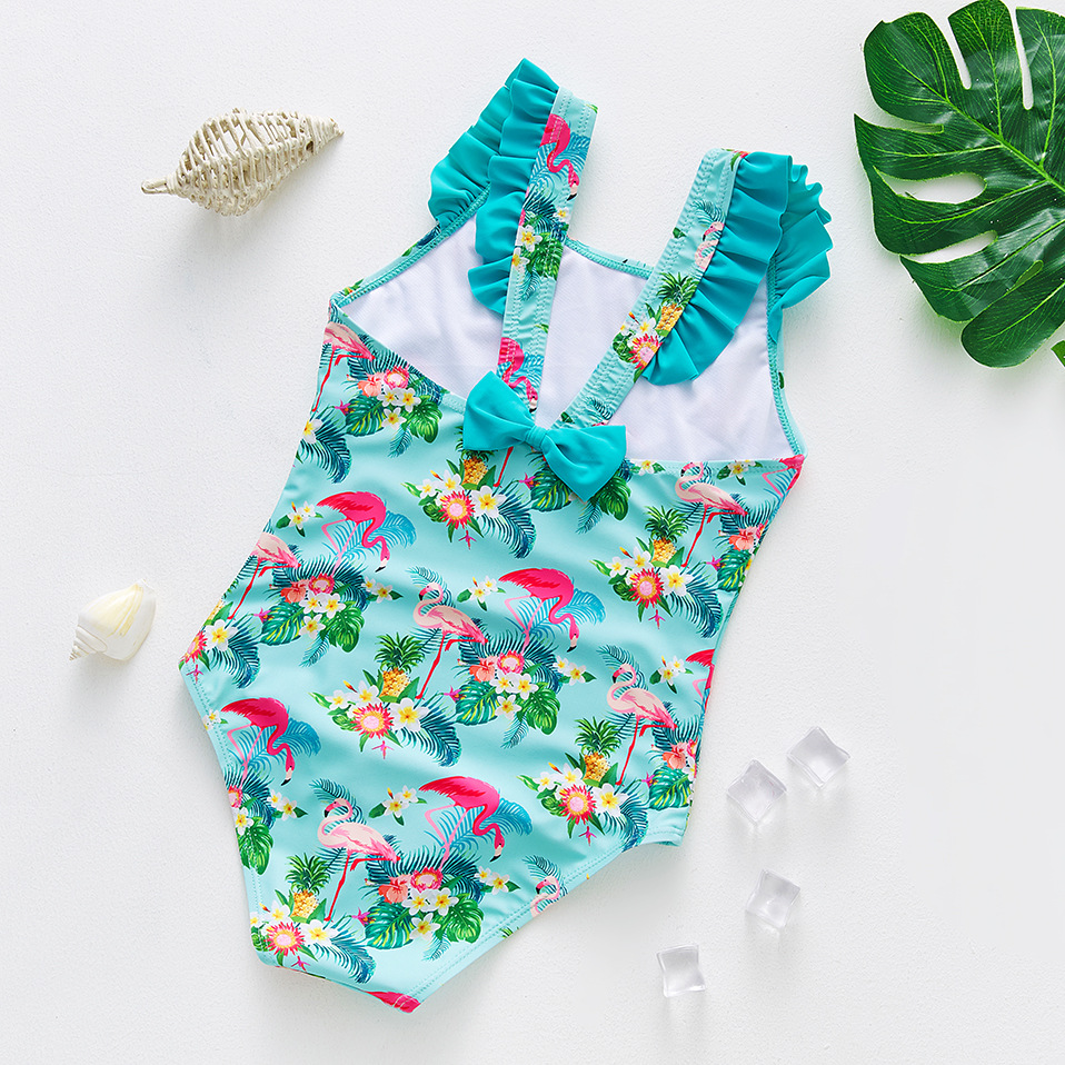 New Girl's Swimsuit Flamingo Printed Children Swimsuit Shoulder Strap Ruffled One-Piece Swimsuit