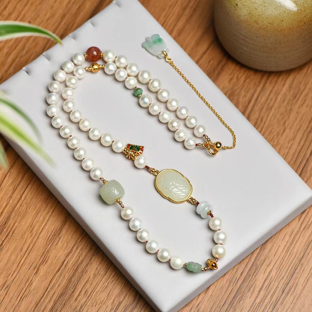 New Chinese Style Natural Freshwater Pearl Necklace Female Hetian White Jade Inlaid S925 Silver Thick Plated 18K Gold Niche Light Luxury