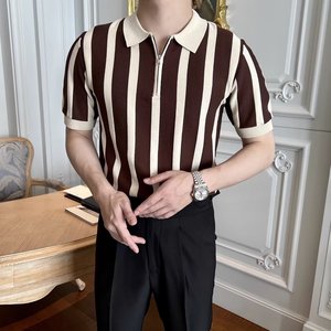夏季男士针织短袖Polo衫韩版修身条纹冰丝休闲翻领半袖T恤打底衫