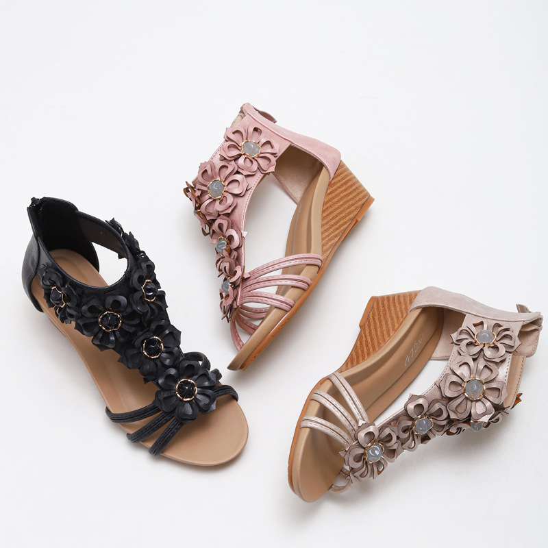 1418-510 Ethnic Style Retro Sandals Women's New Summer Seaside Holiday Flowers Bohemia Wedge Roman Shoes