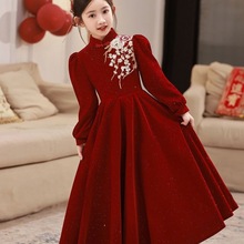 女童礼服冬红色高端公主裙冬季花童小女孩主持人儿童钢琴演出服热