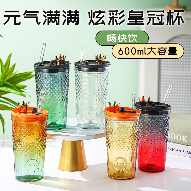 Internet Celebrity Colorful Crown Large Capacity Clear Glass Straw Glass Cup Advertising Cup Gift Cup