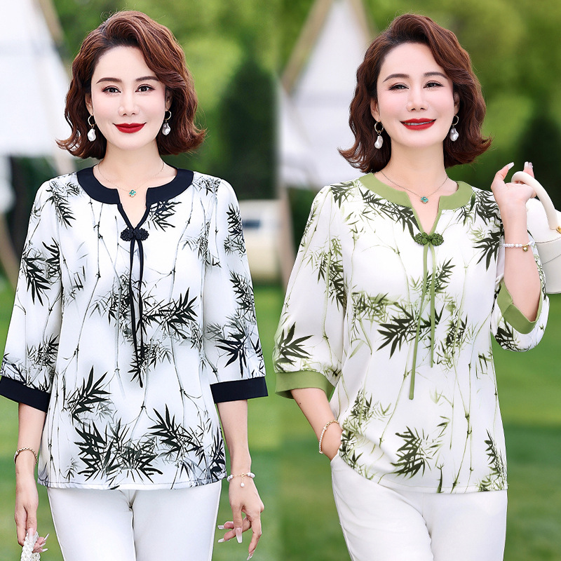 母亲节中年妈妈夏装七分袖衬衫2024新款中老年女装夏大码t恤上衣