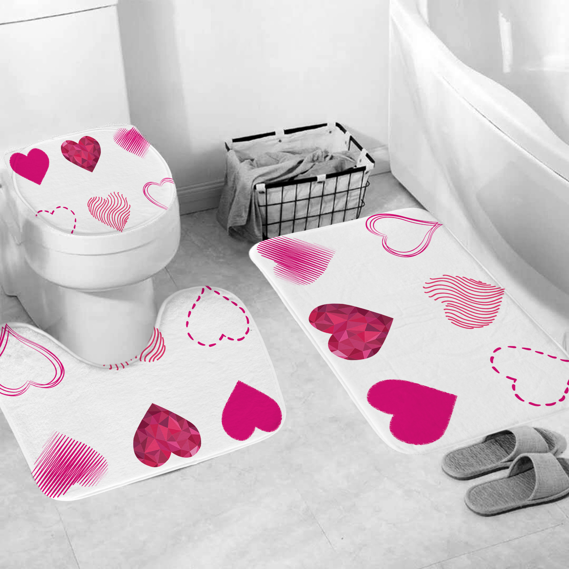 Cross-Border New Arrival 6 Love Valentine's Day Shower Curtain Set Digital Printing Shower Curtain Punch-Free Shower Curtain Bathroom Curtain