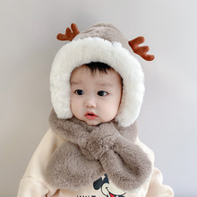 冬天儿童帽围巾口罩一体可爱鹿角毛绒圣诞婴儿帽宝宝护耳男女童帽