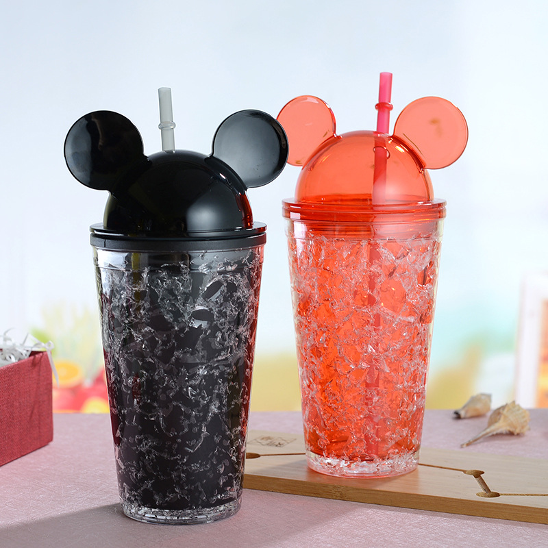 Y182 Creative Mickey Ice Cool Cup High-Looking Double Plastic Straw Cup Mickey Plastic