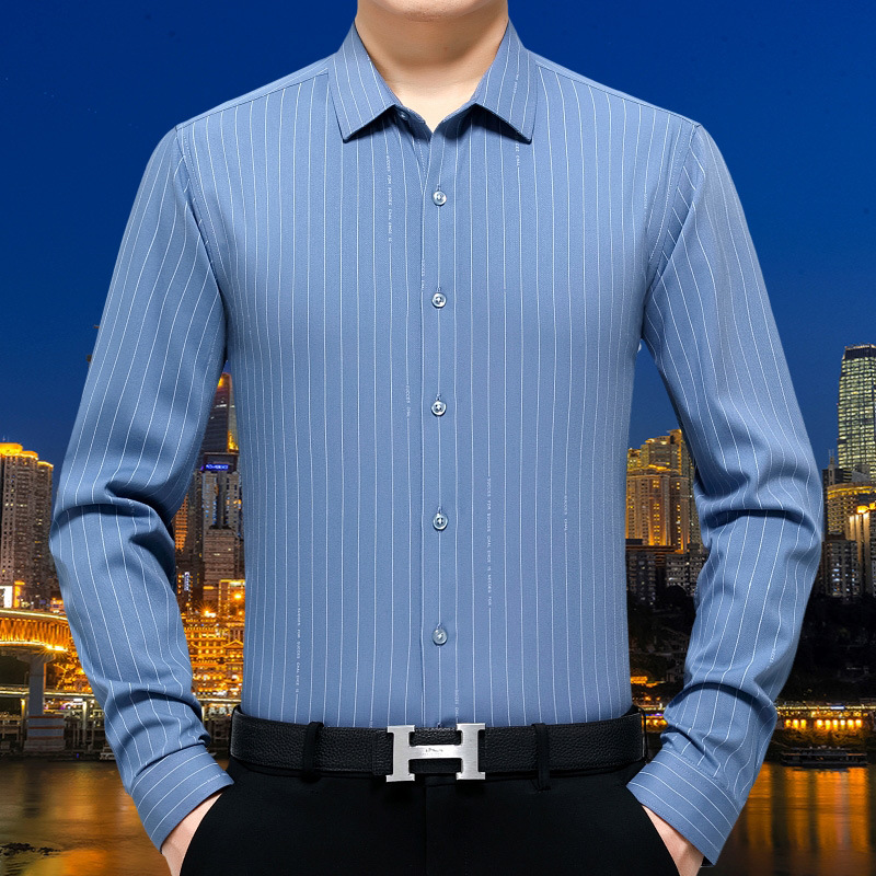 春秋季薄款桑蚕丝长袖衬衫男中年免烫抗皱真丝衬衣条纹衬衣男爸爸
