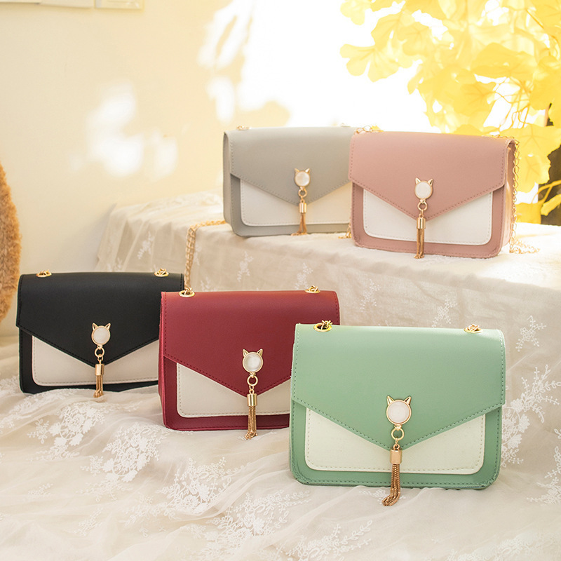 Women's Bag 2024 New Pearl Tassel Contrast Color Small Square Bag Cute Mini Phone Bag Gift Small Bag Factory Spot