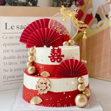 结婚蛋糕装饰古典中式新郎新娘订婚礼红色囍烘焙蛋糕装饰摆件插件