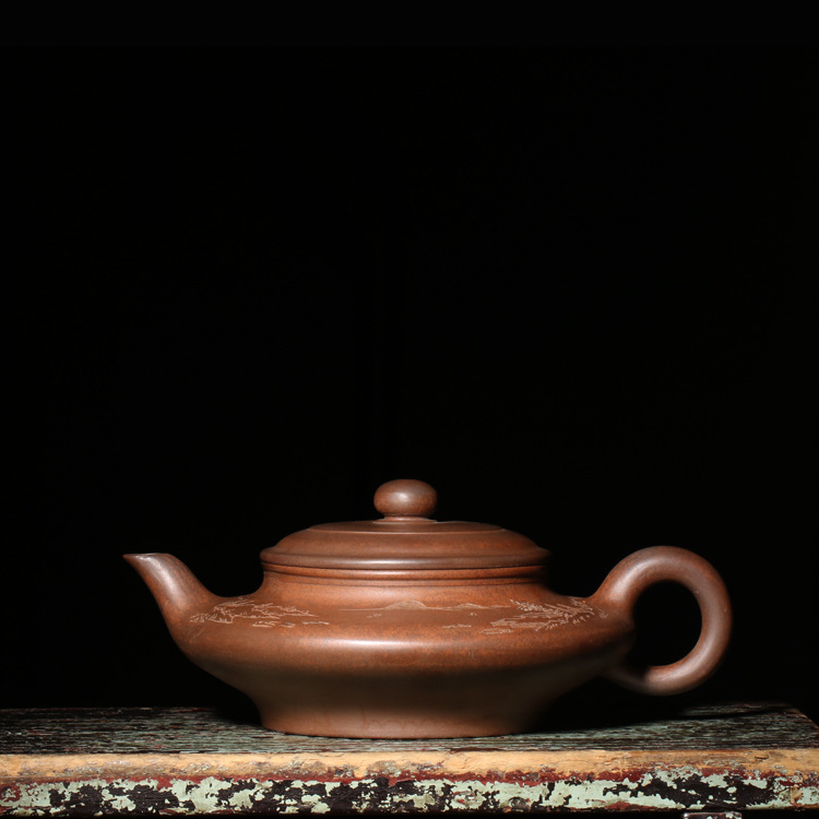 早期紫砂老茶壶台湾回流柴烧窑变顾景舟款大虚扁壶宜兴名家收藏