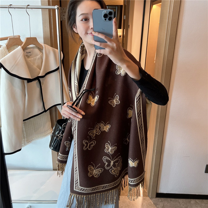 2022 New Elegant Artistic Butterfly Scarf for Women Winter All-Matching Double-Sided Thickened Warm Scarf Talma Outer Wear