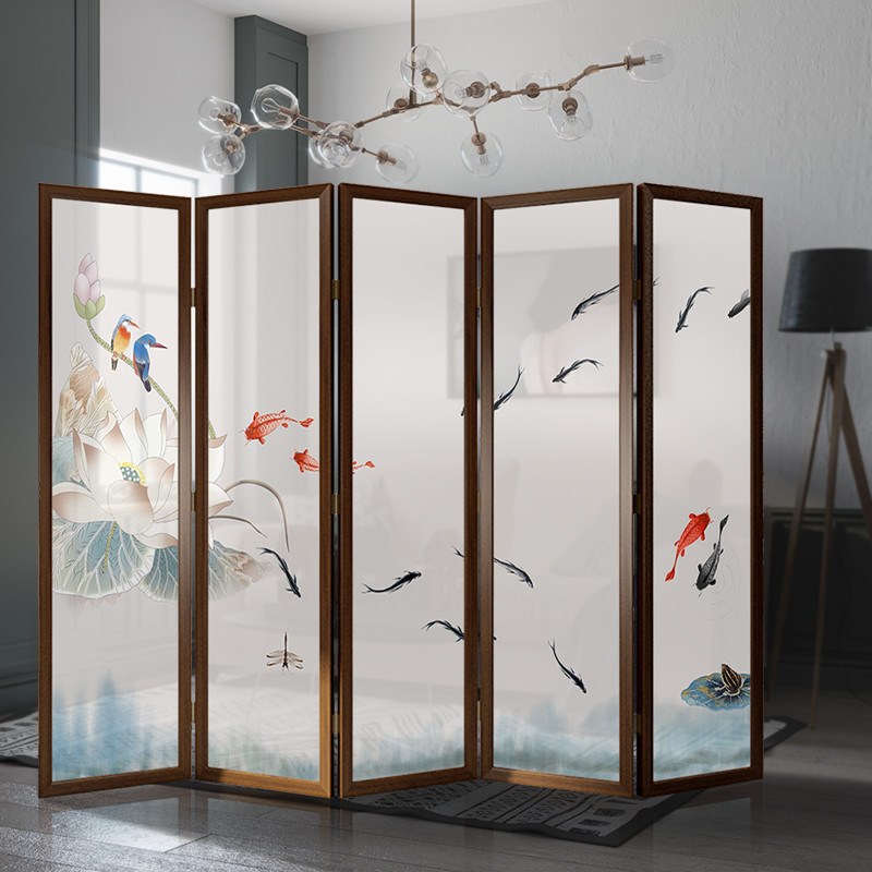 透光隔断屏风玄关吊顶艺术玻璃3d彩绘绢丝夹绢画朦胧荷花鱼儿