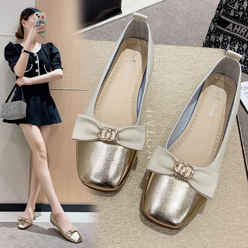 时装单鞋2024夏季新款韩版时尚方头蝴蝶结平底鞋拼色套脚女鞋代发