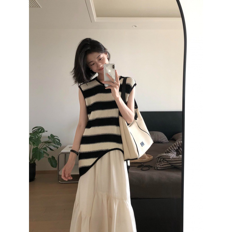 华夫格针织慵懒风撞色条纹背心鱼尾裙夏季新款显瘦气质减龄半身裙
